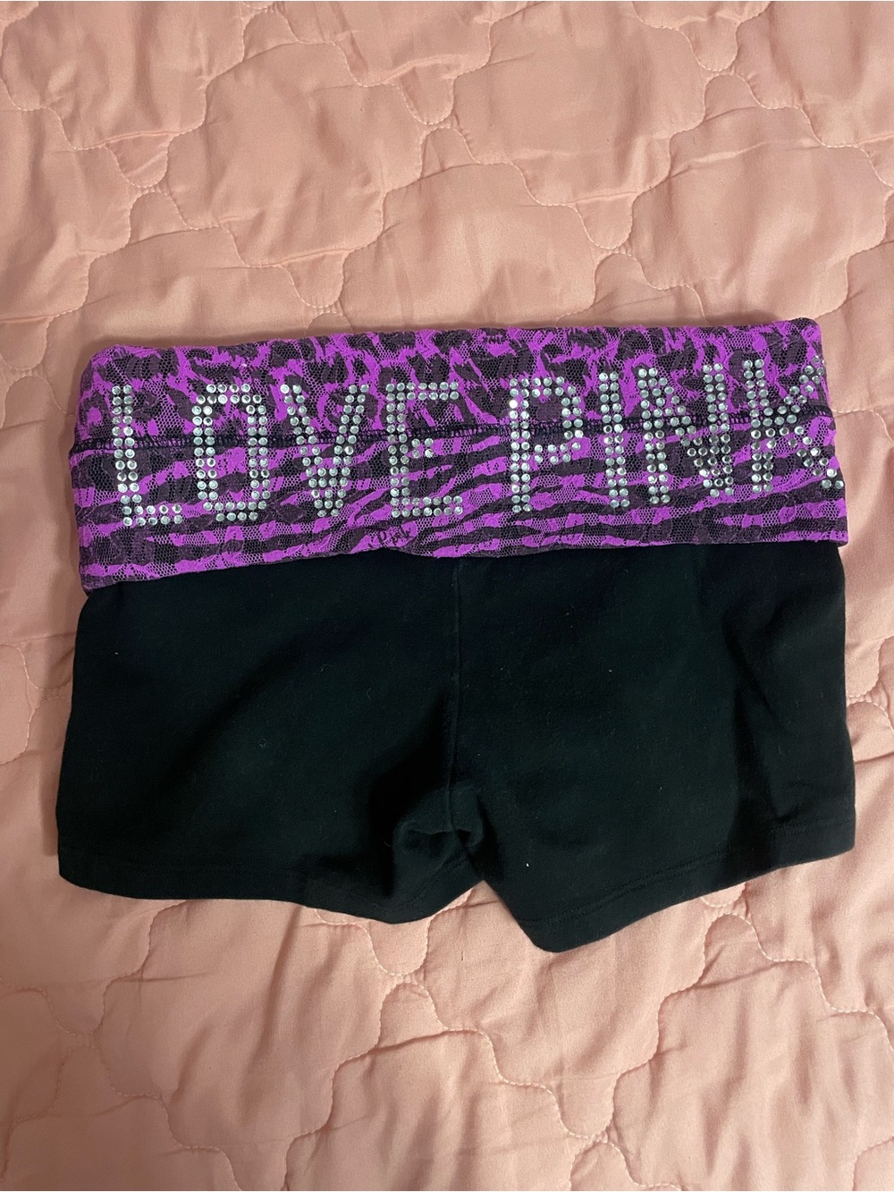 Victoria's Secret LOVE PINK Black Shorts with Purple Animal-Print Waistband